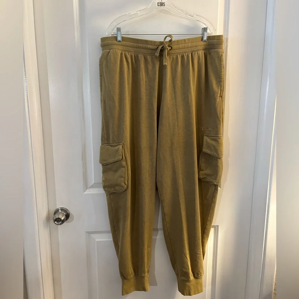 Mens Champion washed Tan Cargo Sweatpants - Casual Drawstring Joggers Sz XL